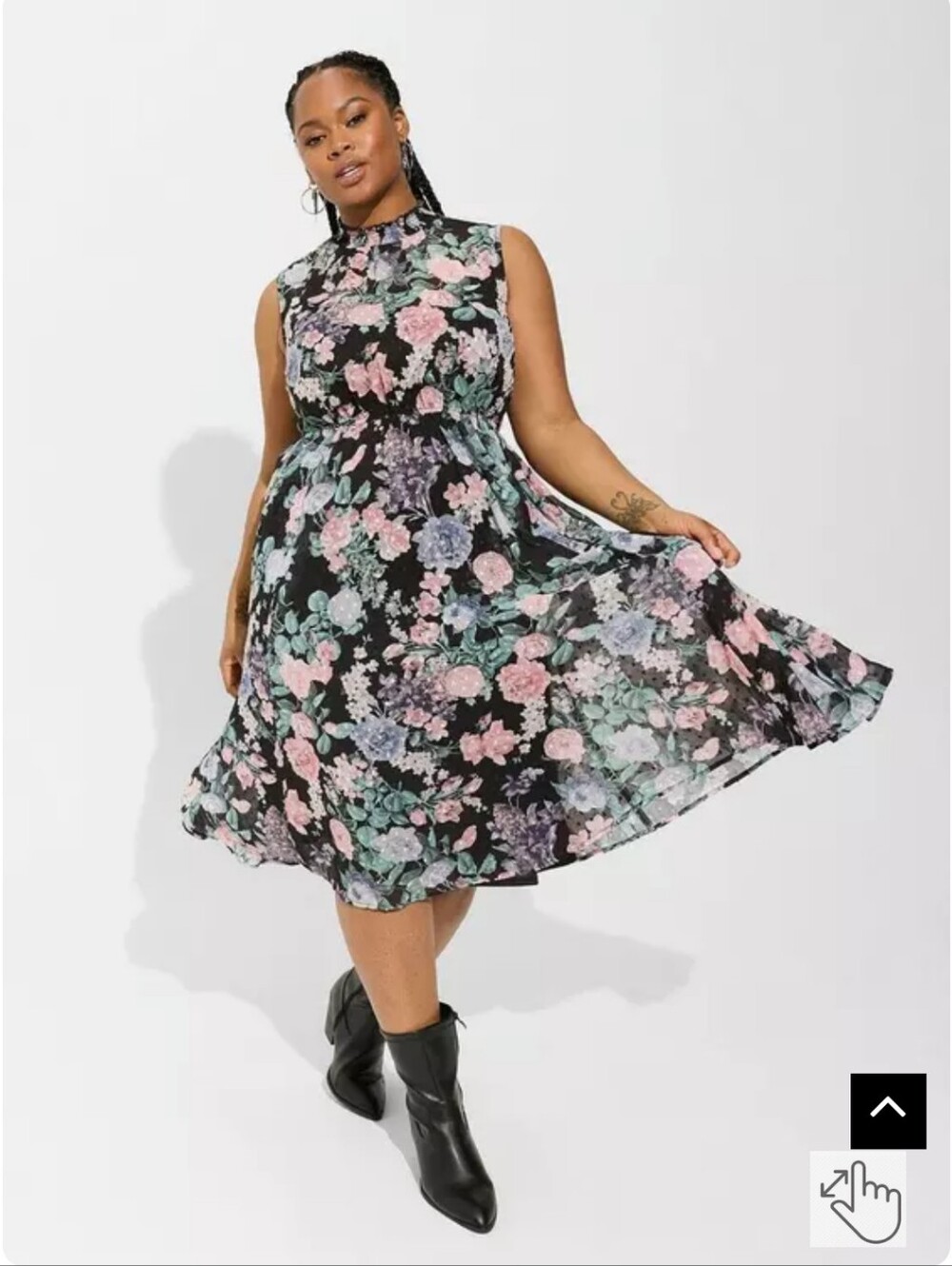 Midi Clip Dot Mock Neck Dress - Black Floral